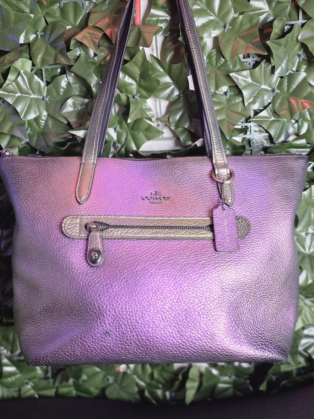 Coach Iridescent Purple Leather Tote with Front Zip Pocket